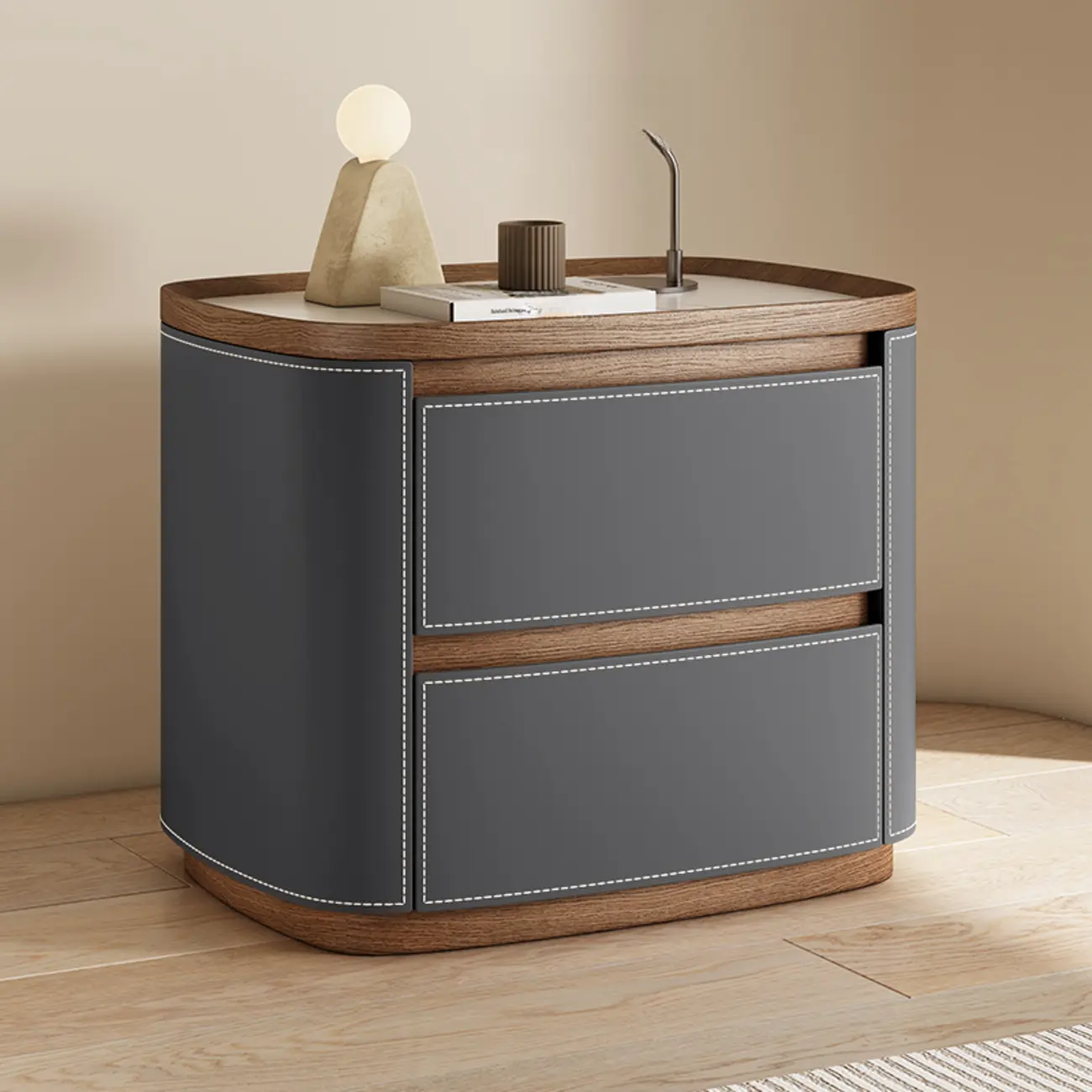 Trendy Low Tray-Top 2 Layer Solid Wood Nightstand