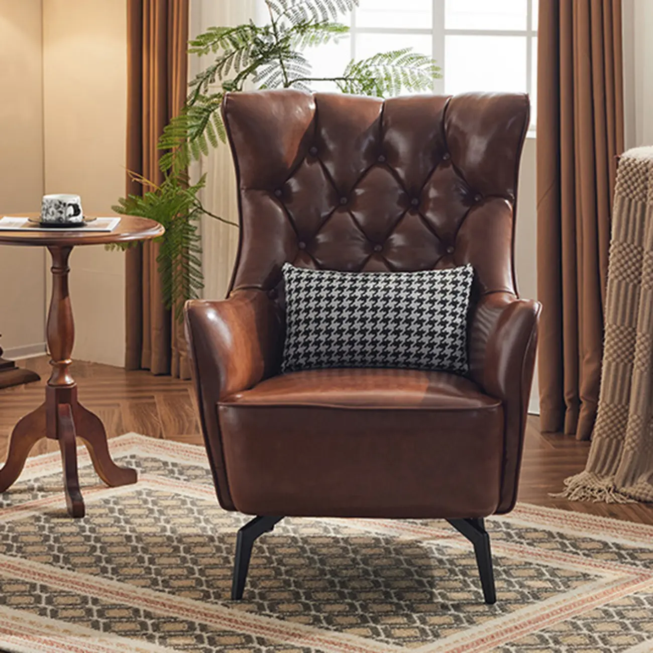 Modern Oiled Leather Tufted Wingback Accent Chair with Arms