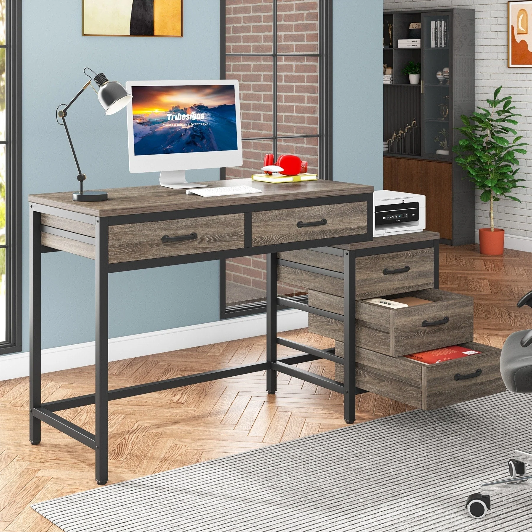 Reversible Computer Desk with 5 Drawers, Home Office Desk with File Cabinet Drawer Printer Stand