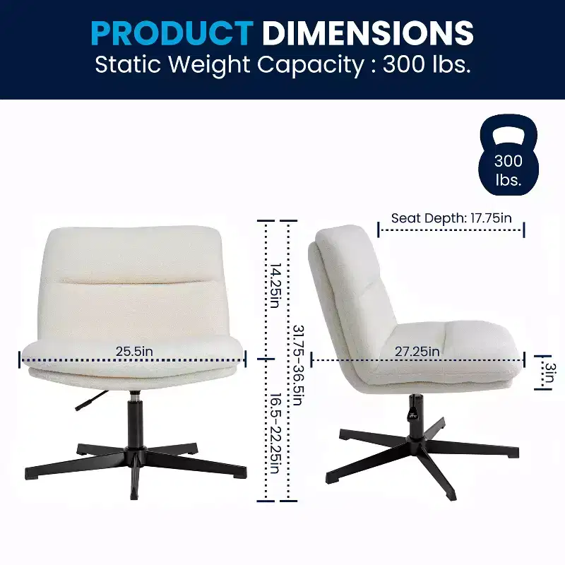 Merrick Lane Mid-Back Height-Adjustable Stationary Armless Swivel Office Chair - Padded Upholstered Wide Back and Seat, Strong Frame