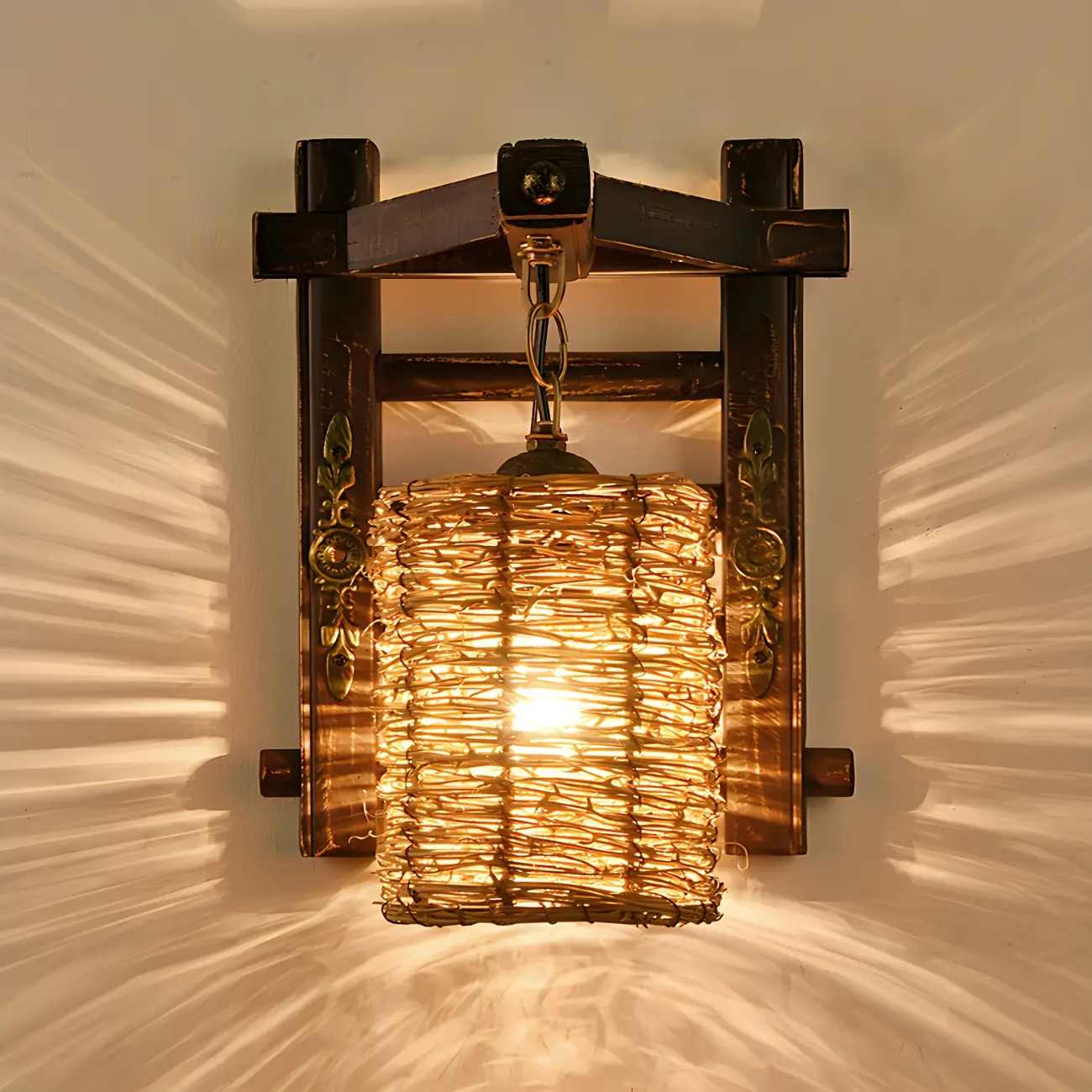 Cylinder Rattan Wood Outdoor Wall Sconce
