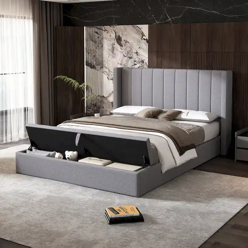 Queen Size Platform Bed with Vertical Channel Wingback Headboard - Upholstered Bed with Footboard Storage, Grey Linen Fabric Bed