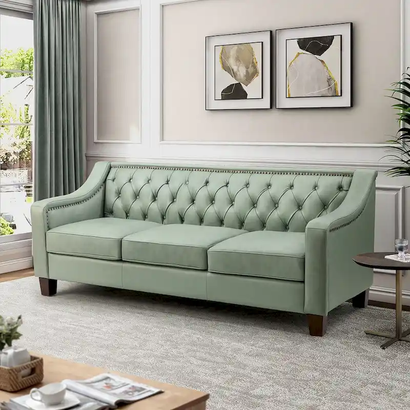 Mateo 82.28 Wide Transitional Genuine Leather Sofa with Nailhead Trim and Button-Tufted Back