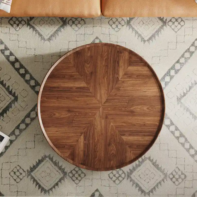 Mid-Century Modern Round Walnut Wood Coffee Table for Small Spaces & Apartments
