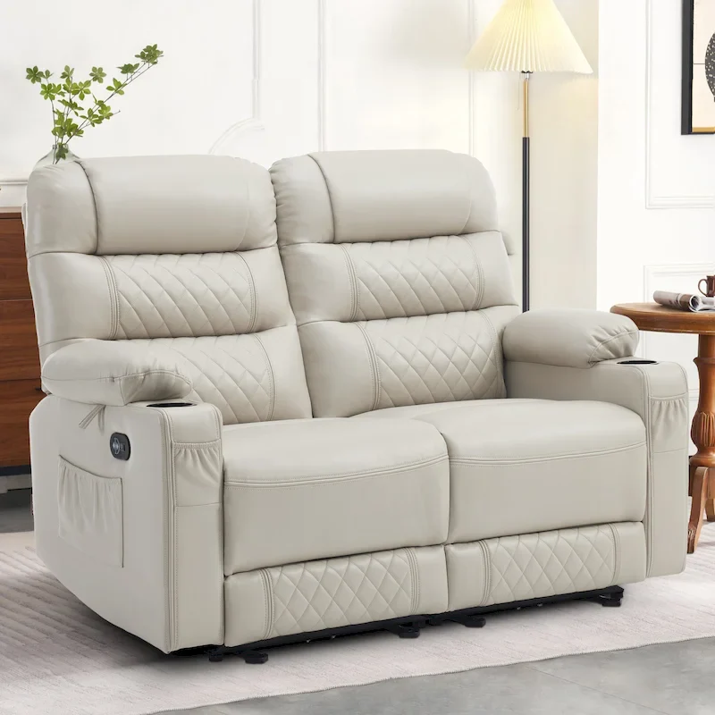 Power Recliner Loveseat, Saddle/Dark Brown/Light Grey, Heat & Massage, Seats 2