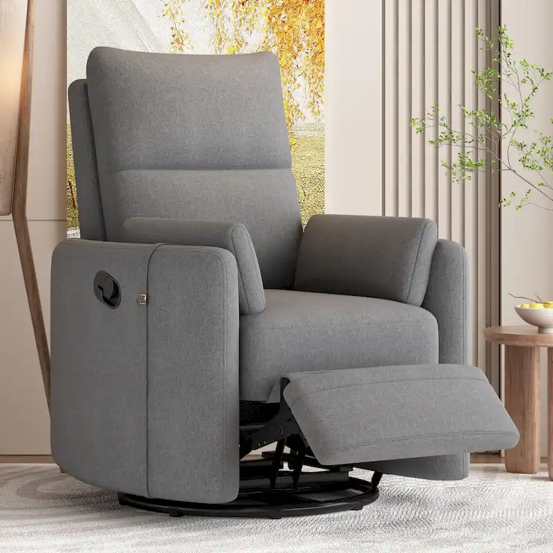 Beige Upholstered Swivel Rocker Recliner with Manual Recline, 360 Swivel, and Two Removable Cushions