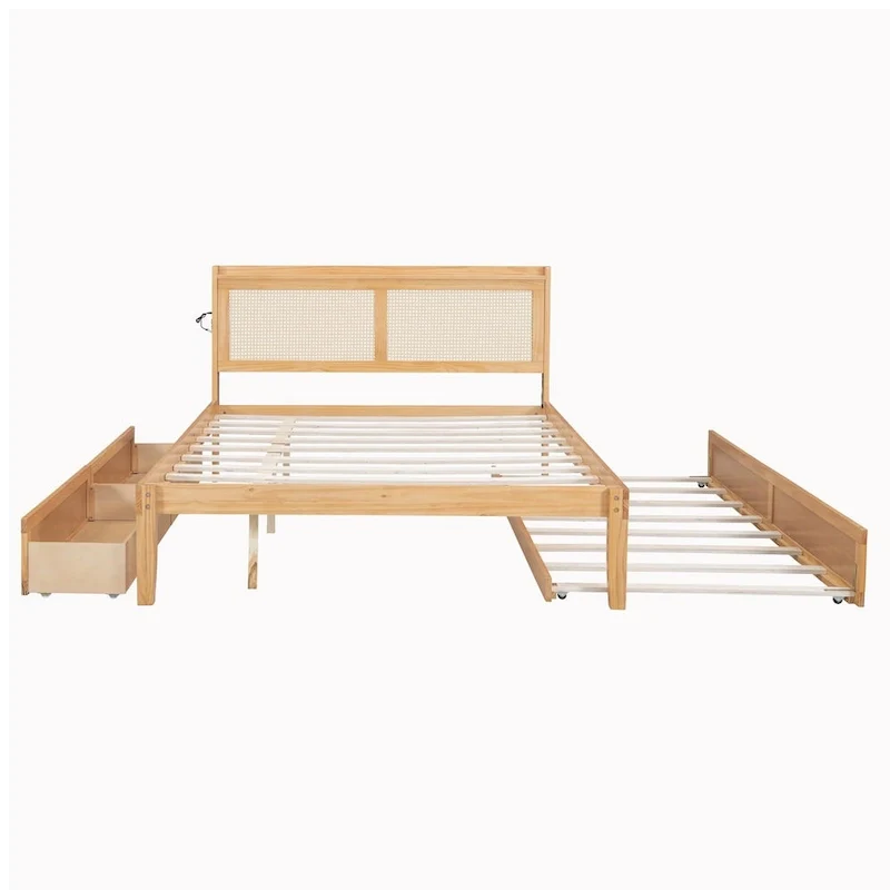 Elegant Bed Frame with Rattan Headboard and Sockets
