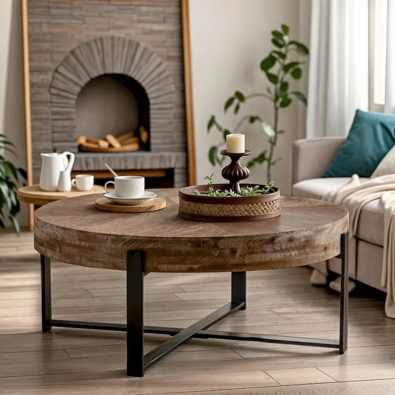 33.86 Modern Retro Splicing Wooden Round Coffee Table with Cross Legs Base