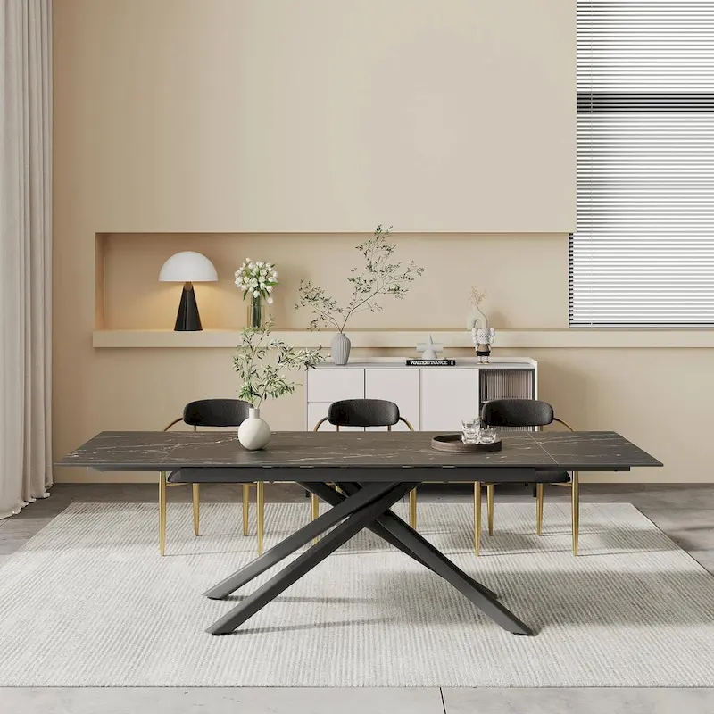 9 - Piece Extendable Sintered Stone Top Cross Legs Dining Set With 8 Fabric Chair