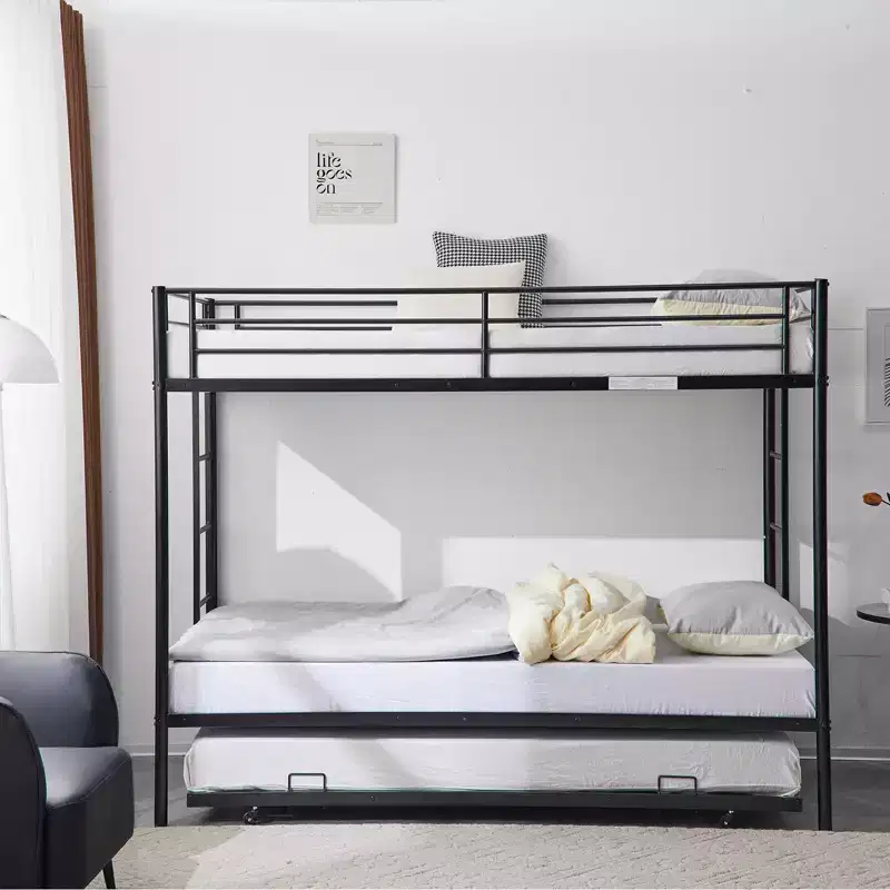 Karl Home Blcak Twin over Twin Bunk Bed with Trundle, Heavy Duty Metal Bed Frame with Safety Rail Side Ladders