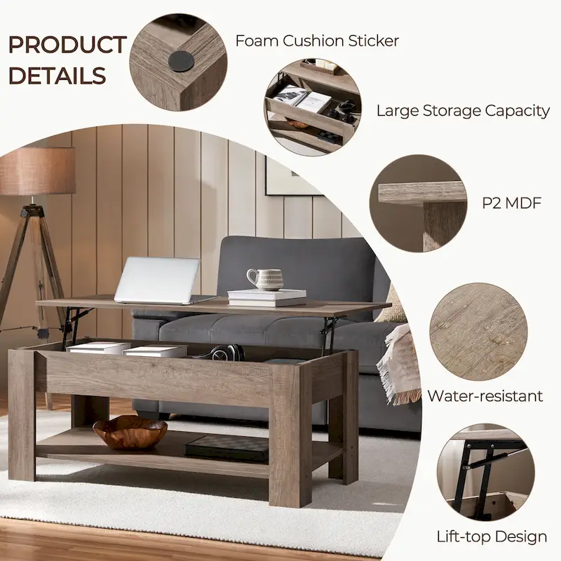 Yaheetech 47.5 Lift Top Coffee Table, Hidden Compartment/ Open Shelf
