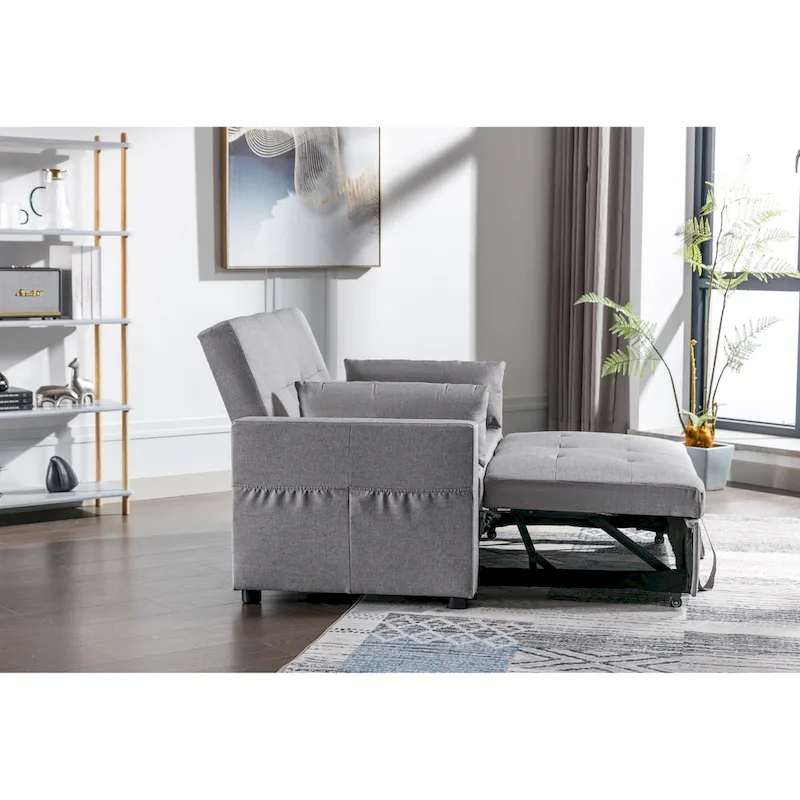 55.12 3-in-1 Linen Loveseat Convertible Sofa Bed with Side Pocket and Pillows