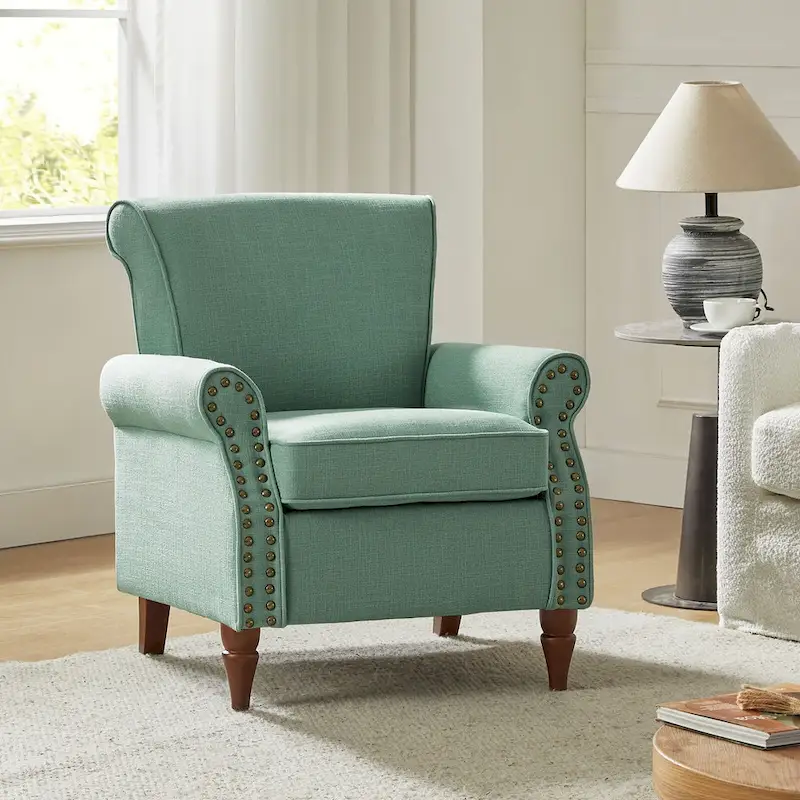 Upholstered Comfy Accent chair with Turned Wooden Legs and Nailhead Trim Set of 2 by