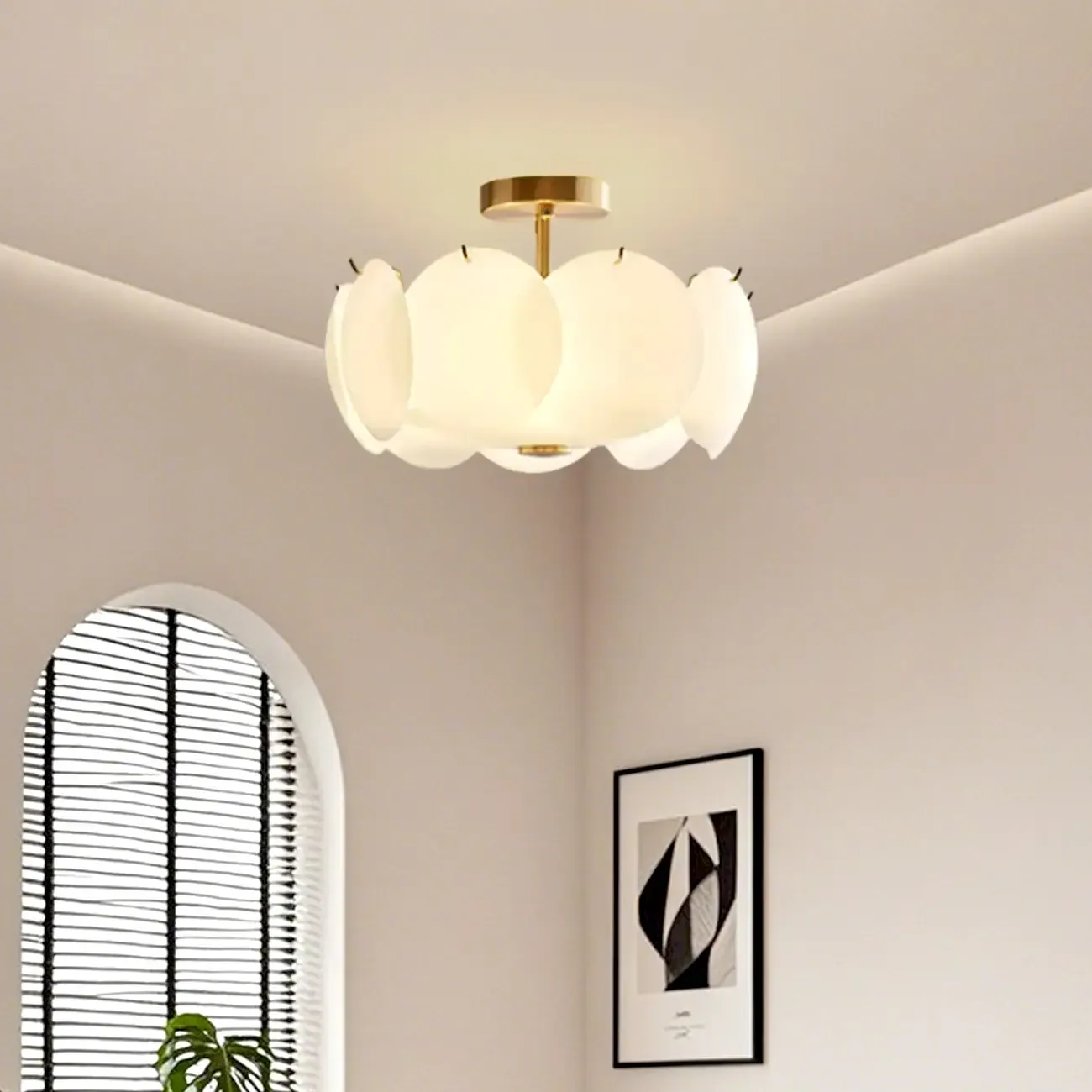 White Circle Glass Gold Semi Flush Mount Ceiling Light