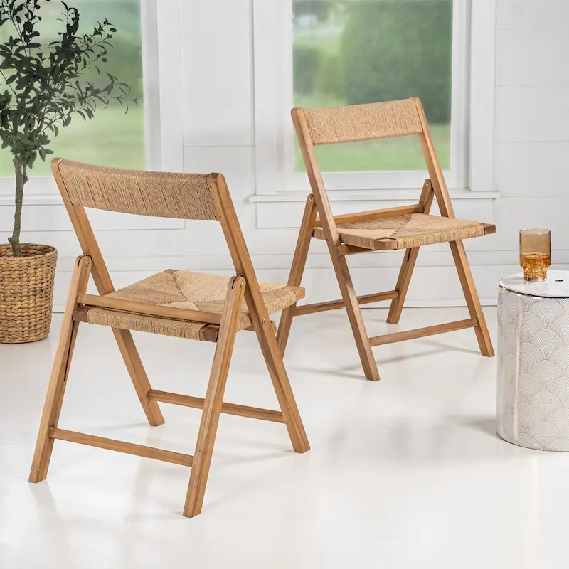 Mallorca Coastal Modern Wood Woven Seagrass Folding Chair, Natural (Set of 2)
