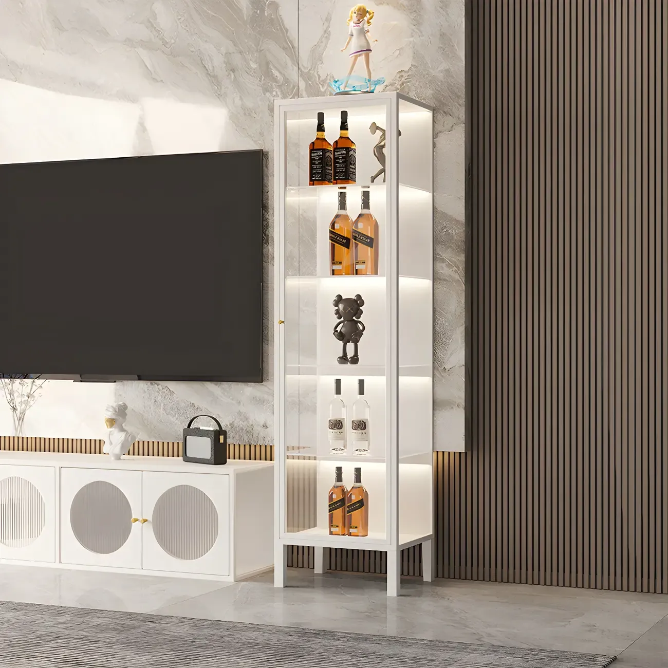 Living Room White Metal Frame Glass Doors Display Cabinet
