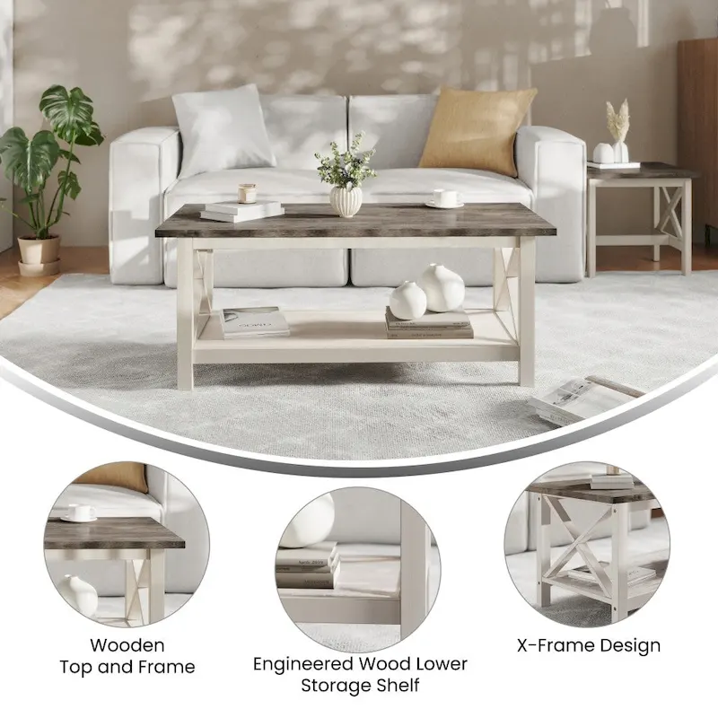 Farmhouse X-Frame Coffee Table with Shelf, Acacia Gray/Dark Gray/Walnut, Solid Wood