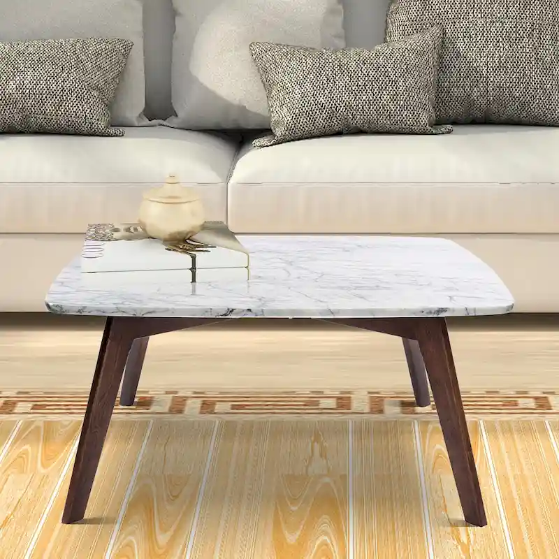 Vezzana 31 Square Italian Carrara White Marble Coffee Table with Walnut Legs