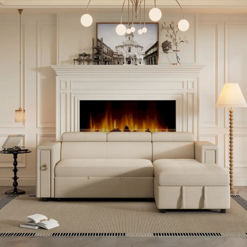 L-Shaped Pull Out Sofa Bed Modern Convertible Sleeper Sofa with 2 USB ports, 2 Power Sockets and 3 Pillows