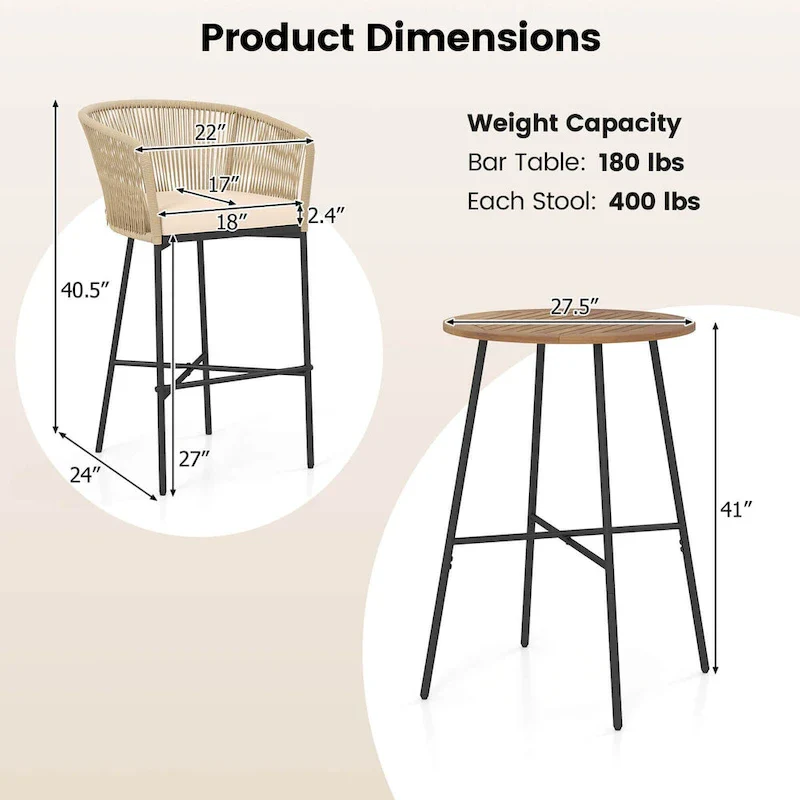 Costway 3 PCS Rope Woven Patio Bar Set with Soft Cushions and Acacia - See Details
