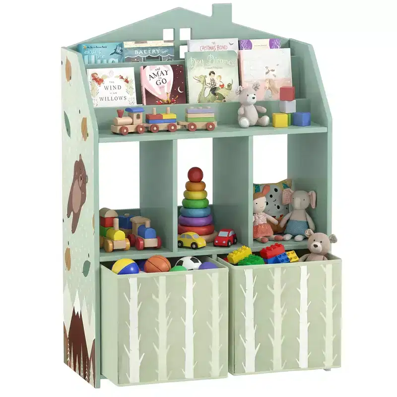 Green 3-in-1 Kids Toy Organizer with Bookshelf and Fabric Drawers, Ages 3+