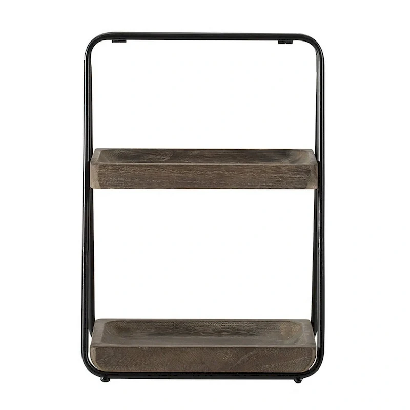 Nick 19 Inch 2 Tier Decorative Tray Stand, Black Iron Frame, Gray Wood