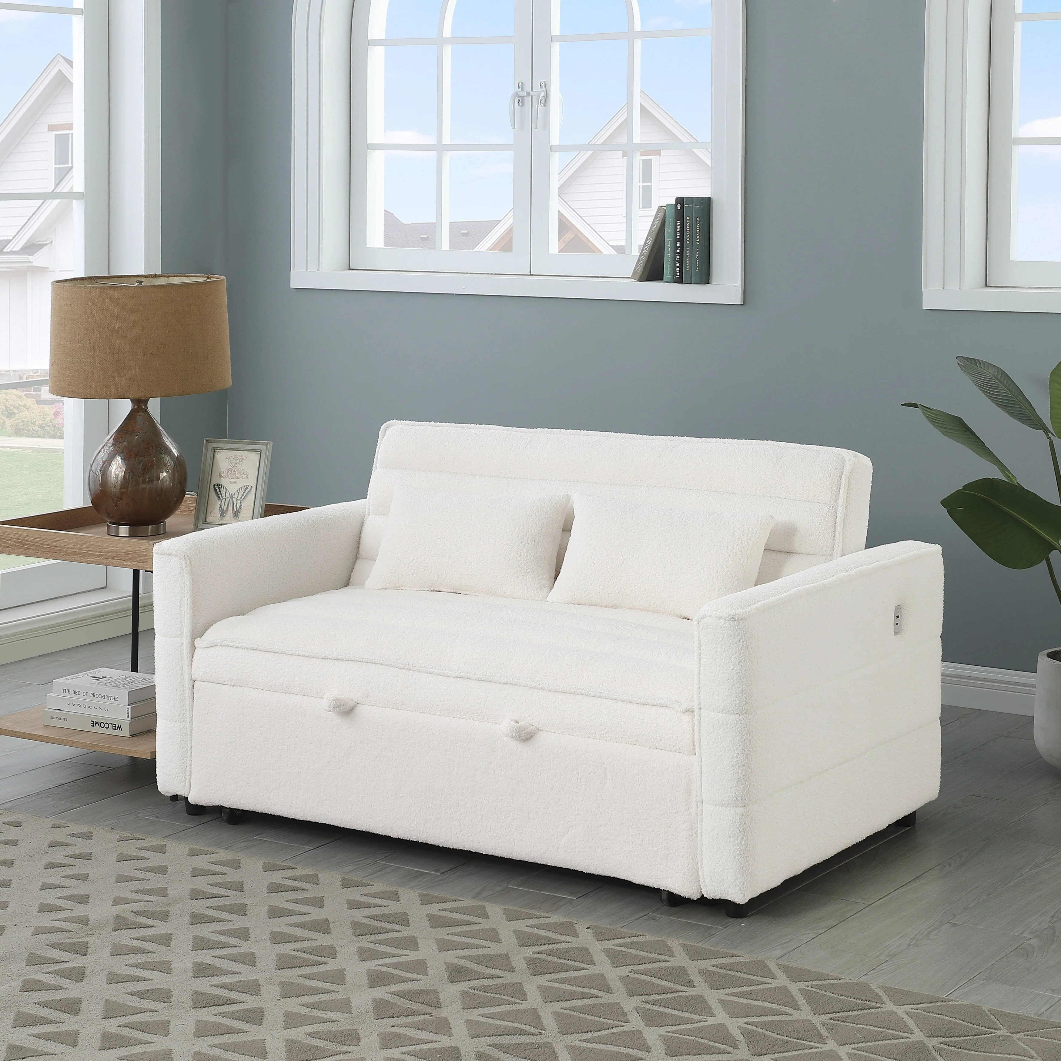 Beige 55.12 Boucle Loveseat Convertible Pull-Out Sofa Bed with Adjustable Back and 2 Waist Pillows for Living Room