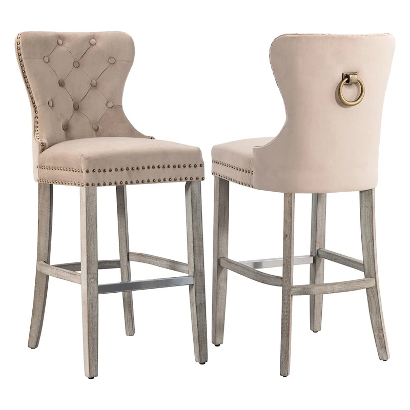 Carter 29  Wingback Tufted Nailhead Bar Stool (Set of 2), Antique Grey Legs