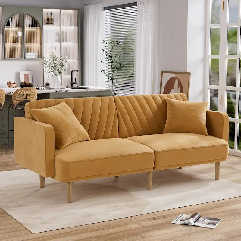 Upholstered Tufted Convertible Futon Sofa Bed, Velvet Sleeper Couch, 3 Seater Tufted Sofa with Adjustable Backrests