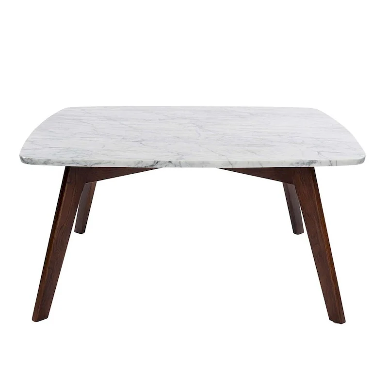 Vezzana 31 Square Italian Carrara White Marble Coffee Table with Walnut Legs
