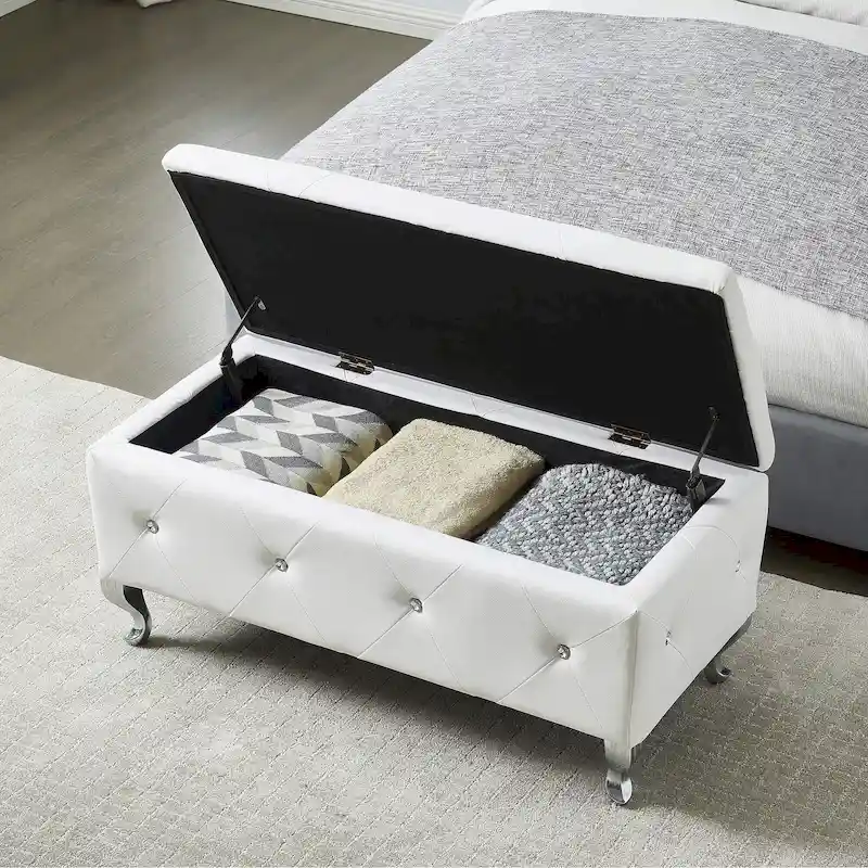 Upholstered Storage Ottoman Bench For Bedroom End Of Bed Faux Leather Rectangular Storage Benches Footrest With Crystal Buttons