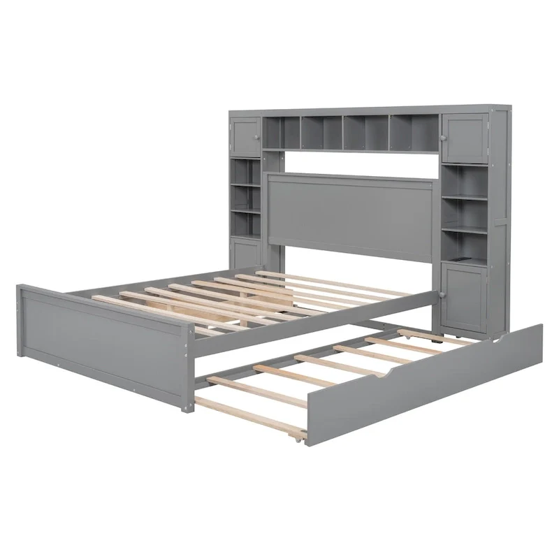 Modern Wooden Bed with Cabinet, Shelf, and Sockets