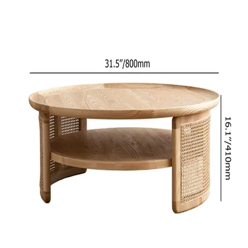 JASIWAY 2-Tiered Round Wood Coffee Table with Rattan Base