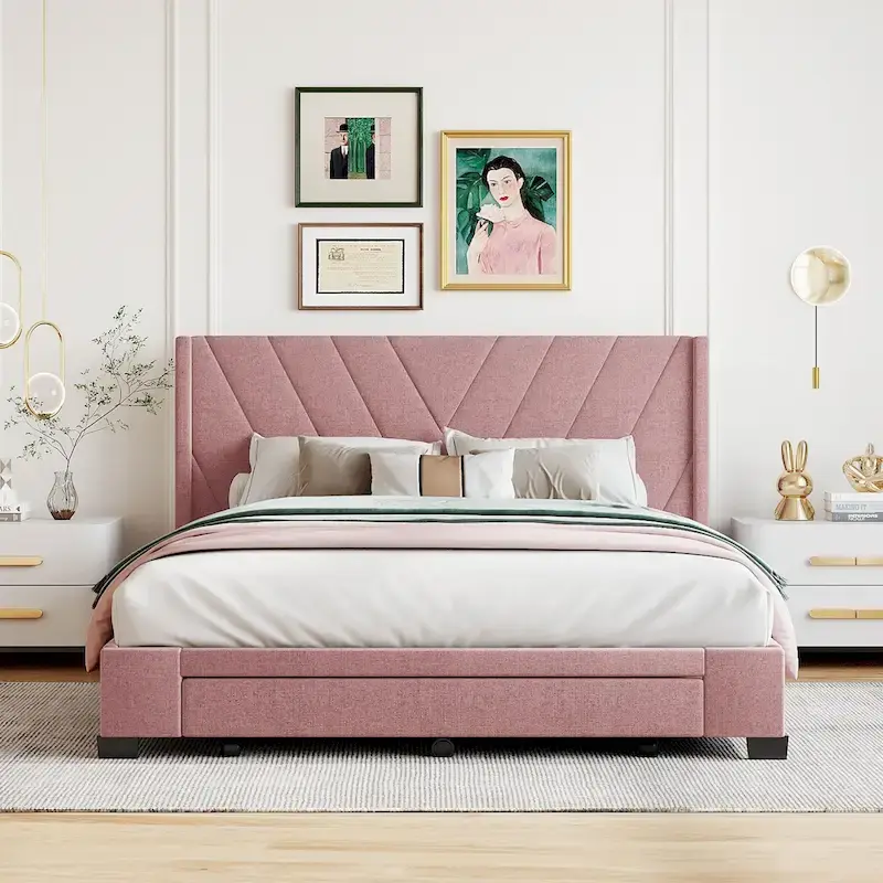 Queen Size Storage Bed Linen Upholstered Platform Bed with 3 Drawers