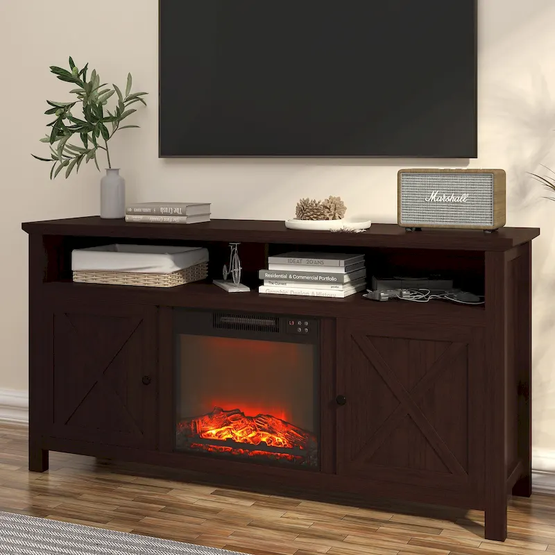 Clihome 58 Wood Fireplace TV Stand with 18 Electric Fireplace