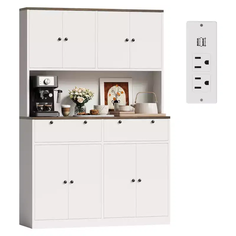 White / Wood 71-Inch Tall Kitchen Pantry Cabinet, 8 Doors, 2 Drawers, Charging Station, 2-Person Household