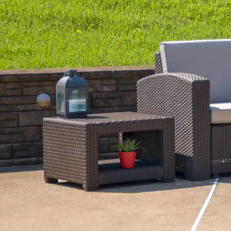 Chocolate Brown Faux Rattan End Table - Outdoor Accent Table - Patio Table - 22W x 22D x 15.25H - 22W x 22D x 15.25H