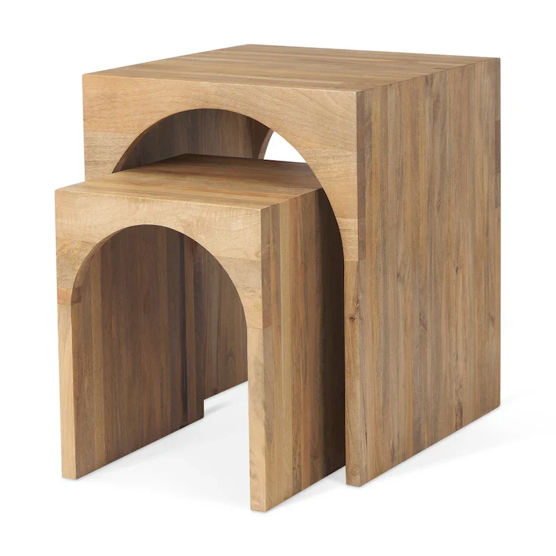 Nesting Accent Tables Set of 2 - Light Brown Mango Wood, Arched Design, 20W x 24H