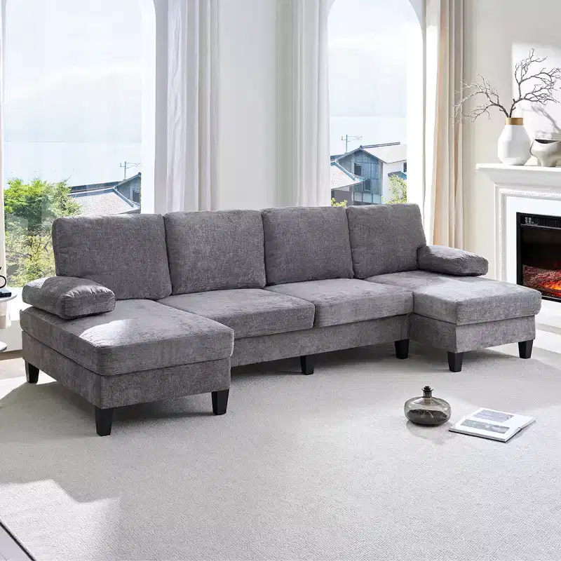 Mjkone 110U-Shaped Sectional Couches,Chenille Upholstered Large 4-Seater Sofa with Double Chaises and Sleepable Armrests
