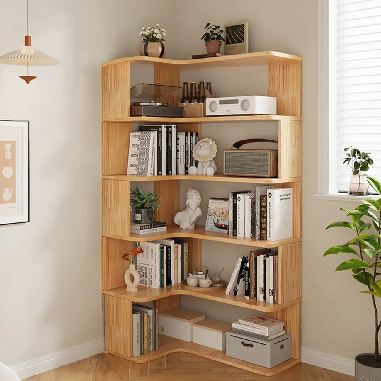 Natural Finish L-Shaped Vertical Wood Open Back Bookcase