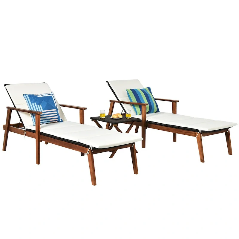 Costway 3PCS Patio Rattan Lounge Chair Folding Table Set Chaise Wood