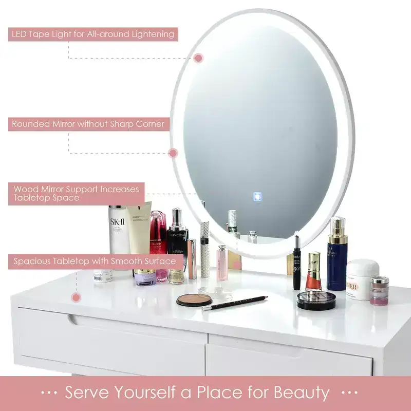 Costway Vanity Makeup Table Touch Screen 3 Lighting Modes Dressing Table Stool Set White\Black\ Gray