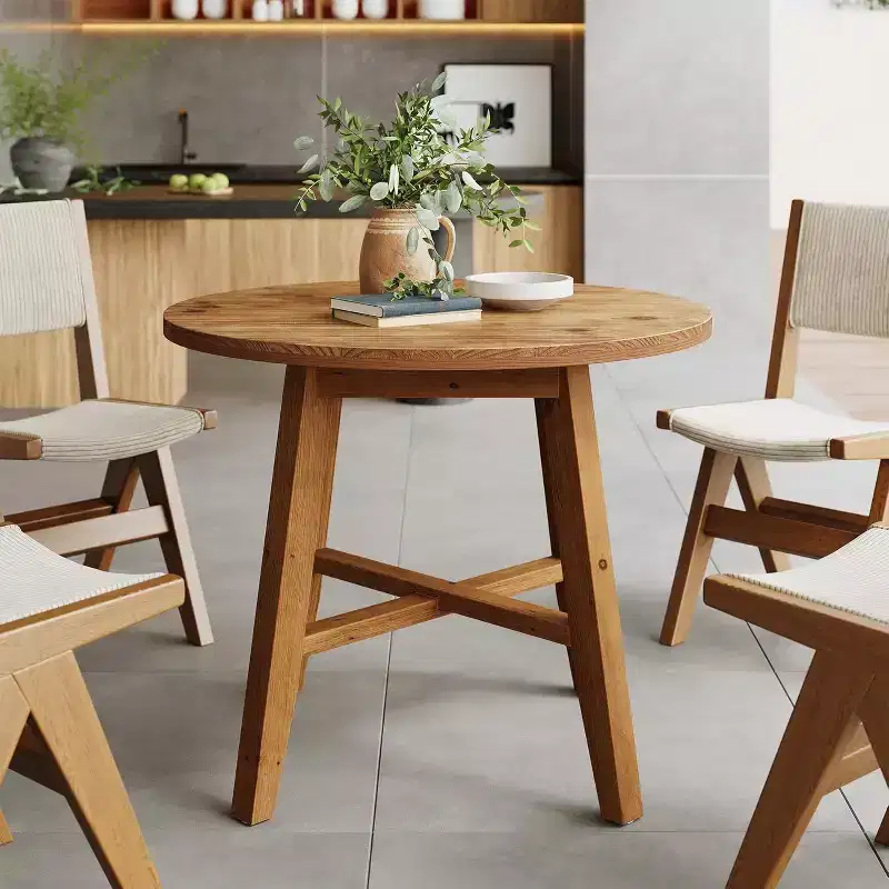 Brown Round Wood Dining Table for 2-4 Persons