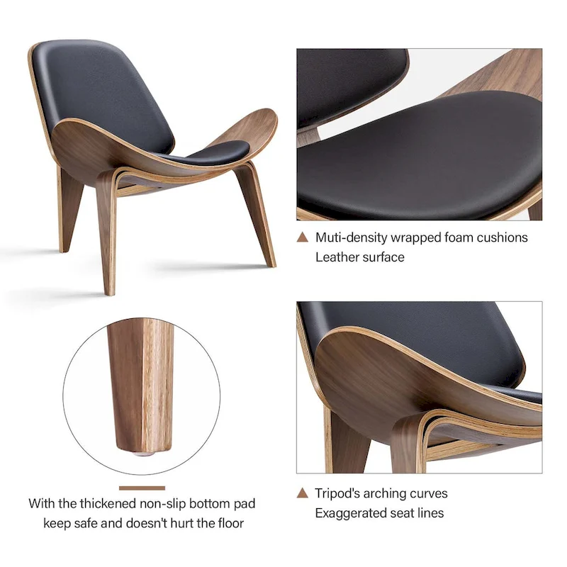 Mid-Century Style Shell Chair Upholstered Leather Lounge Chair