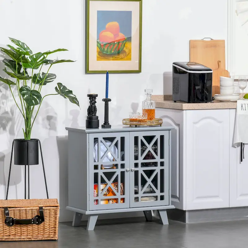 Accent Storage Cabinet Sideboard Serving Buffet Console with Fretwork Doors and Elevated Base, Grey - 31 x 14.25 x 31