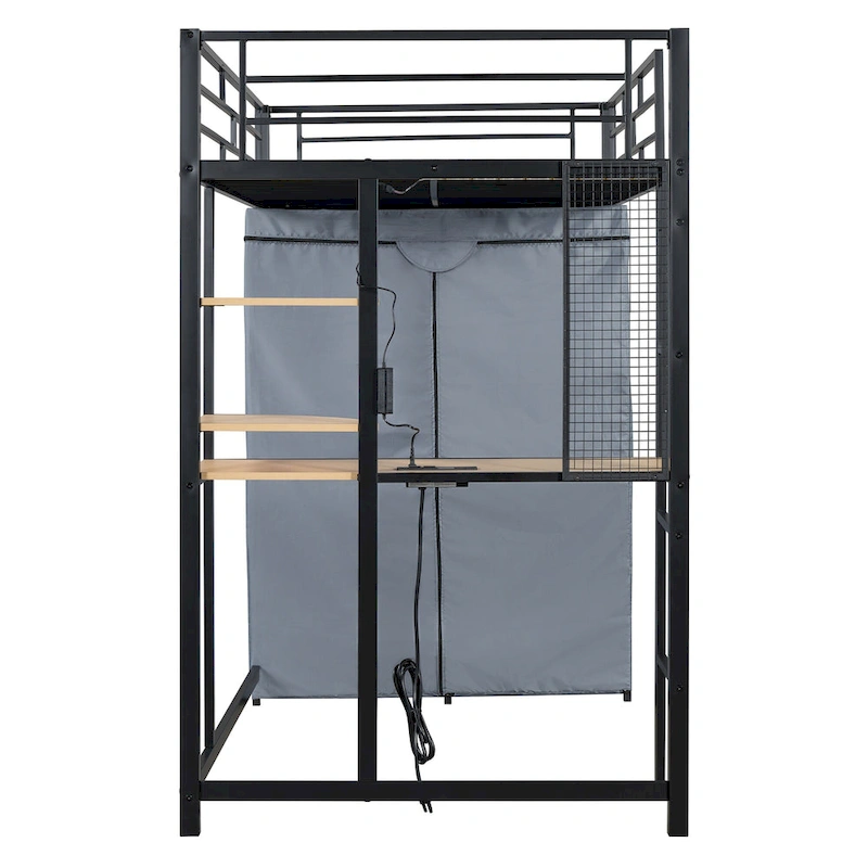Twin Metal Loft Bed with Built-in Desk, Wardrobe & Power Outlet - 350LB Capacity