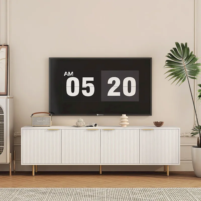 White TV Stand Fluted 68 with Power Outlet,Entertainment Center with Storage Doors,TV Console Media Cabinet,for 55+ Inch TV