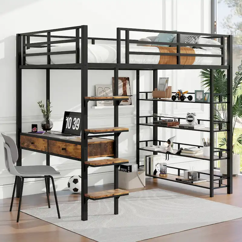 Metal Loft Bed with Desk, Ladder, Fence, and Shelves for Kids
