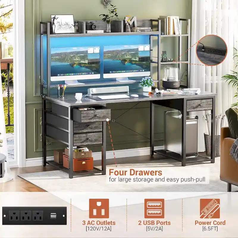 Gaming Desk with Hutch and Drawers, Office Computer Desk with Charge Station and LED Light