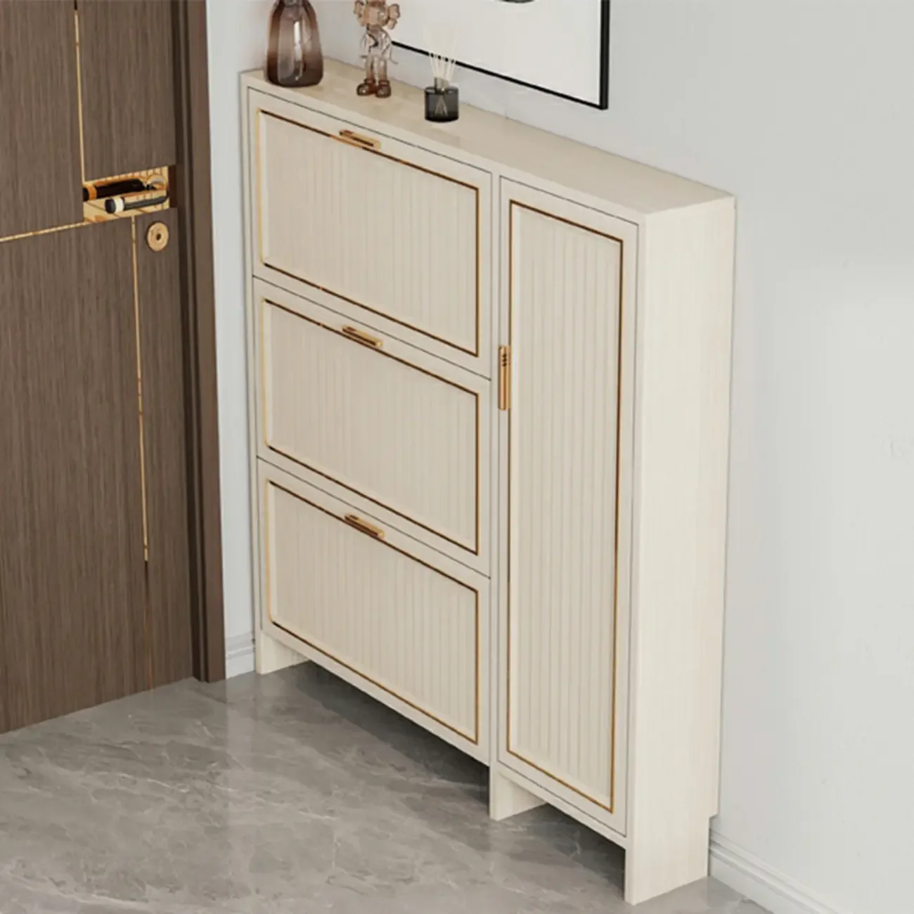 Metal White Drop Front Shoe Cabinet with Textured Panels